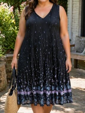 Michel Studio Black Paisley Pleated Chiffon Boho Dress Plus Size Sleeveless